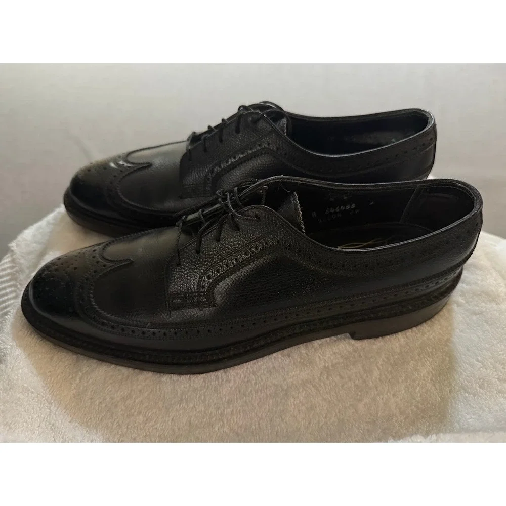 Vintage Florsheim Imperial Long Wingtip Black Leather Oxford Dress Shoes Men 10A